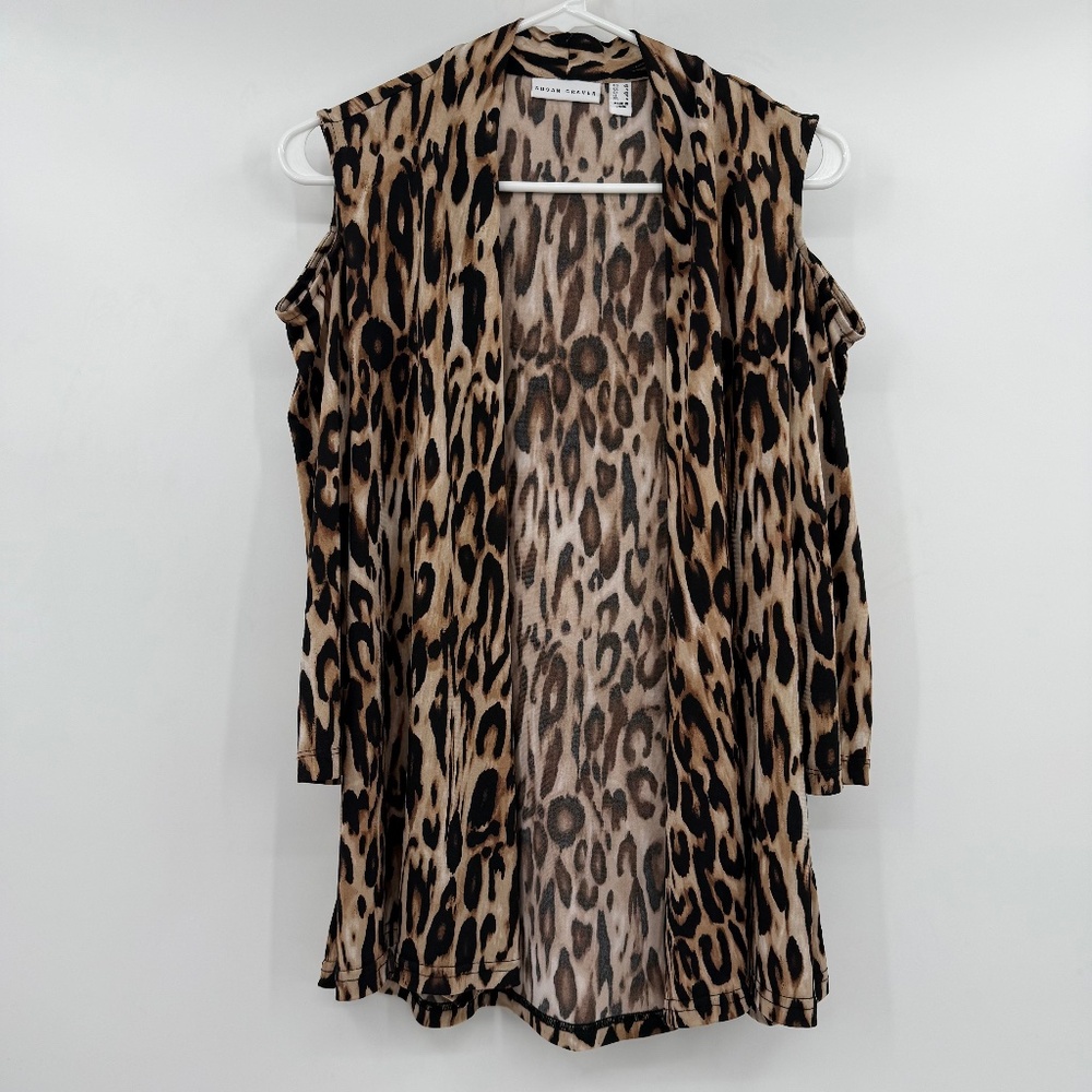 Susan Graver Duster Women XS Brown Animal Print Cold Shoulder 3/4 Sleeve Stretch